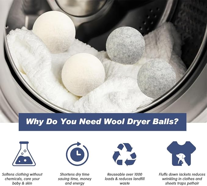 Wool Laundry Ball Pack of 6 Tumble Dryer Wool Ball Fabric Softener Alternative Reusable Wool Laundry Balls Nature’S Fabric Softeners for Fluffs Clothes