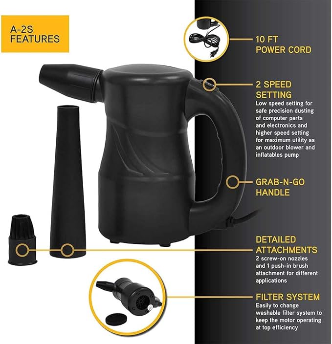 XPOWER A-2S Cyber Duster Electric Air Duster for Dusting, Drying, Inflating, Blowing, Car Detailing, Computer, Leaf Blowing, 90 CFM, 2 Nozzles + 1 Brush, High Performance Motor, Eco-Friendly, Black