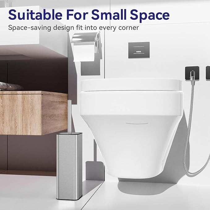 DOWRY Stainless Steel Toilet Bowl Brush and Holder for Bathroom, Deep Cleaning Toilet Brush and Holder Set with Long Handle, Hidden Toilet Bowl Brush with 2 Heads,Modern Decor Nickel Brushed Square