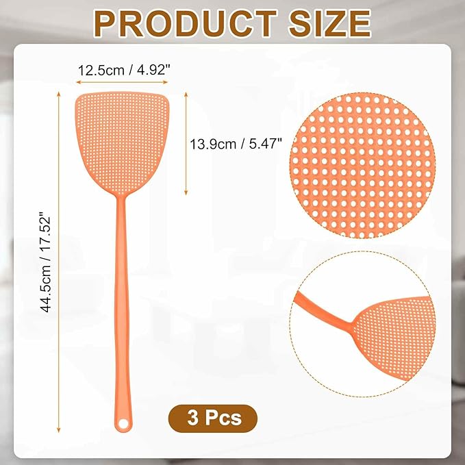 HARFINGTON 3pcs Fly Swatter 5.5"x4.9" Plastic Manual Heavy Duty Long Handle Fly Swatter for Home Indoor Outdoor, Orange