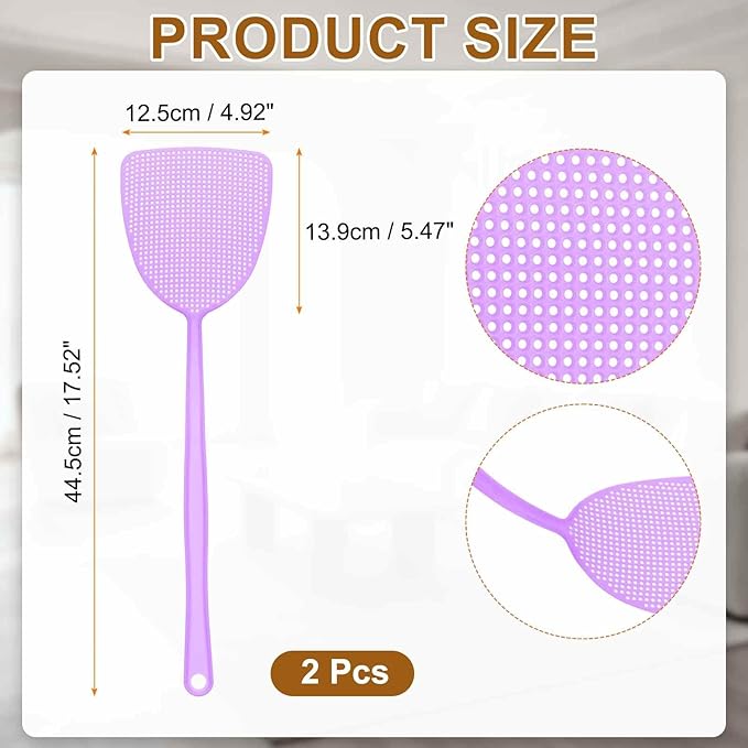 HARFINGTON 2pcs Fly Swatter 5.5"x4.9" Plastic Manual Heavy Duty Long Handle Fly Swatter for Home Indoor Outdoor, Purple