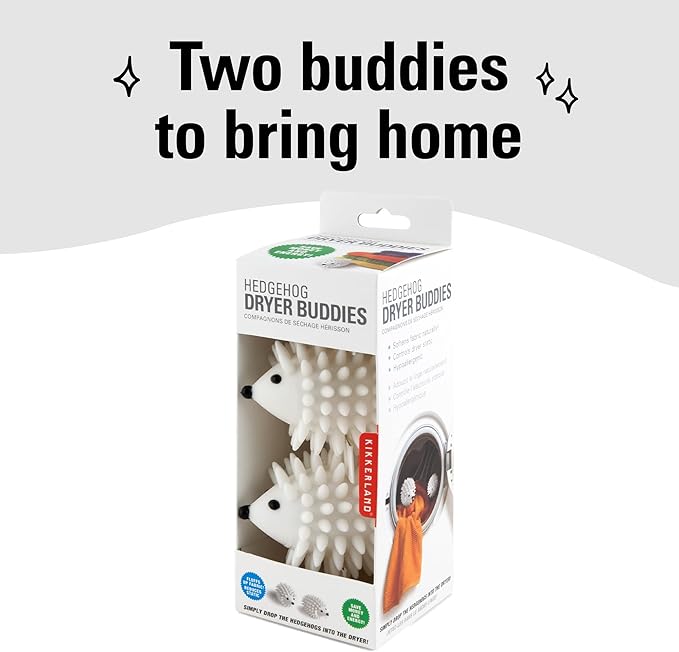 Kikkerland Set of Two Reusable Dryer Buddies for Laundry – Fabric Softener Dryer Balls – Control Static, Remove Wrinkles, Dry Clothes Faster, Hedgehogs