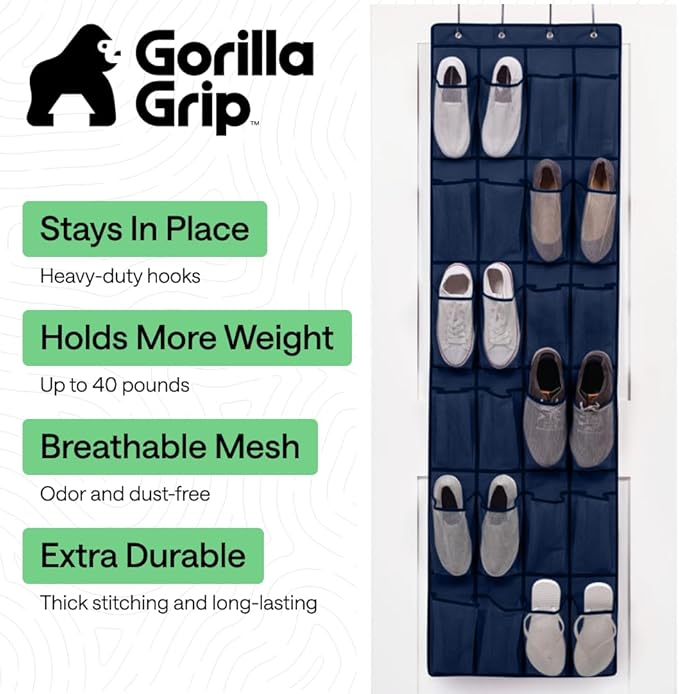 GORILLA GRIP Over the Door Shoe Organizer, 24 Large Breathable Mesh Pockets, Space Saving Hanging Storage Holder, Closet Rack Hanger Holds Up to 40 lbs, Hangs on Closets for Shoes, Accessories, Navy