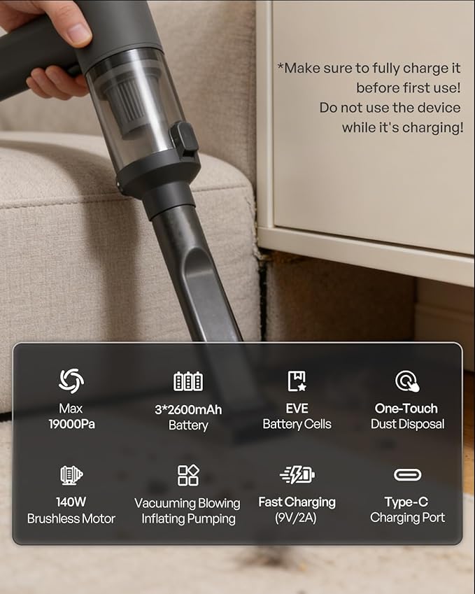 Handheld Car Vacuum Cordless, 140W, 19000Pa Powerful Suction, Max 40 Mins Runtime, Brushless Motor, Rechargeable 7800mAh Battery, One-Touch Dust Disposal, Portable Vacuum for Car, Home, Office, Pets