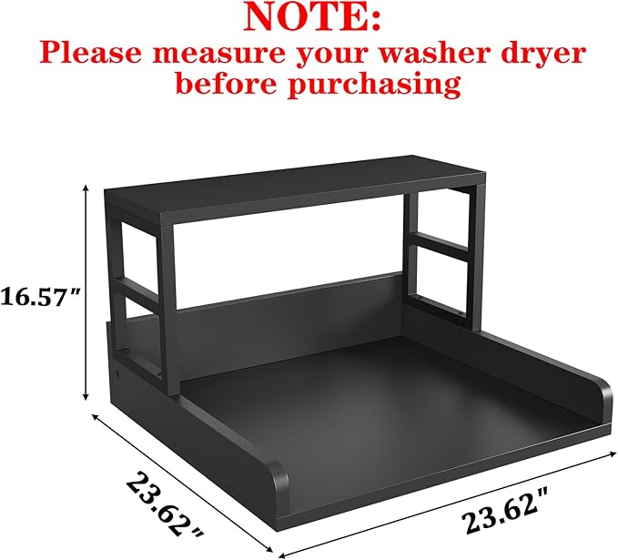 Washer Dryer Countertop with Shelf, 23.62″D x 23.62″W x 16.57″H, Countertop for Washer and Dryer Top with Non-Slip Pads and Edge Rails, Laundry Room Storage and Organization(Black)
