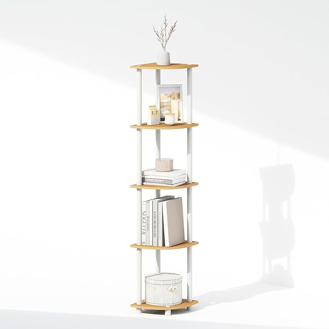 Furinno Turn-N-Tube Storage Shelves, 5-Tier Book Shelf, Corner Shelf, Toolless Open Shelves, for Organization and Storage, Living Room, Home Office, Hallway, Bedroom, Beech