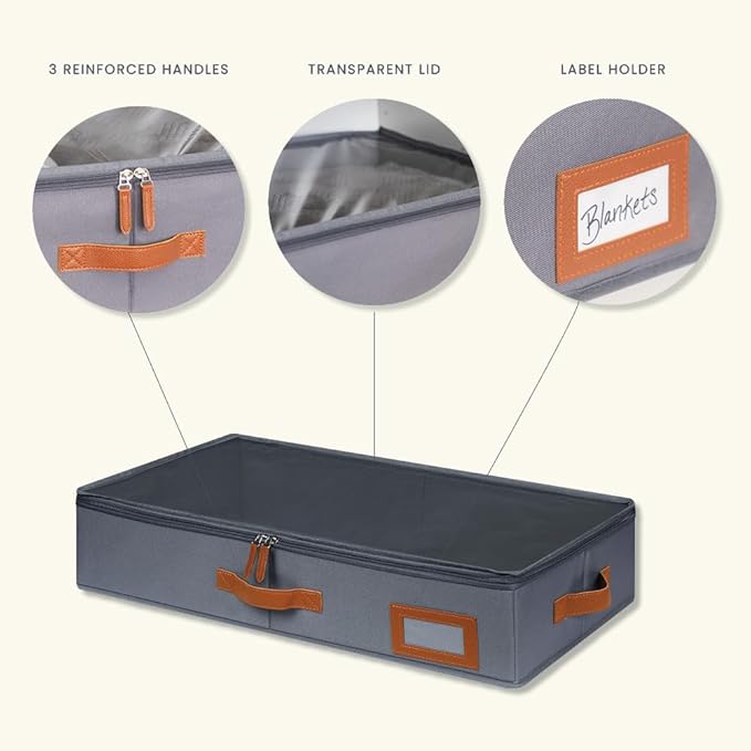 OrganiHaus Under Bed Storage Containers, Bedroom Storage and Organization Bins, Clothes Organizer for Closet with Clear Cover and Reinforced Handles - Set of 2 23.5x12.5x5 inches Gray