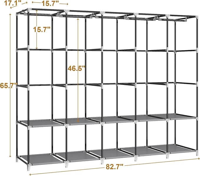 MOGELAFOO 83 Inch Wide Portable Closet Wardrobe, Clothes Storage Rack Organizer with Cover, 5 Clothes Hanging Rods and 10 Storage Shelves, Grey
