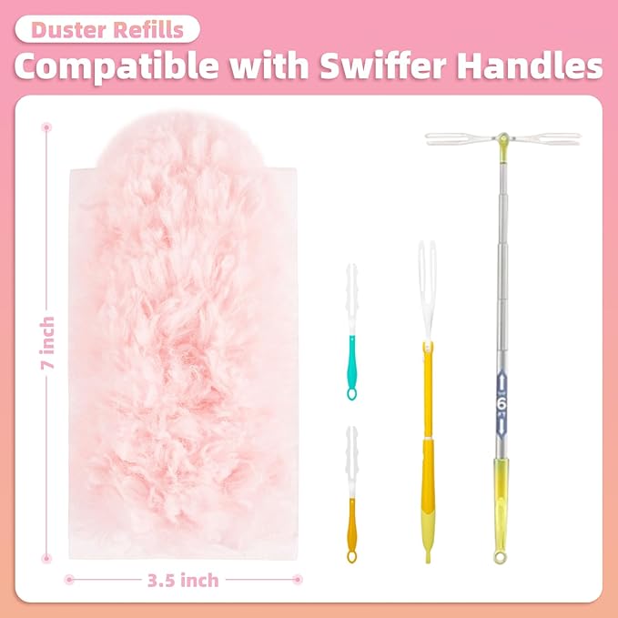 30 Count Pink Duster Refills Compatible with Swiffer Handle, 360° Multi-Surface Duster Refills with 1 Handle, 5X Microfibers Disposable Dusters for Home, Office Cleaning