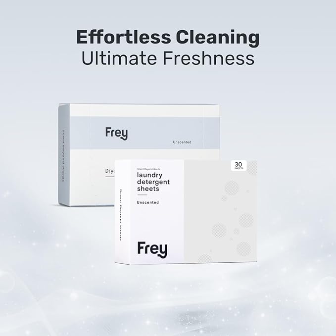 FREY Laundry Detergent & Dryer Sheets Bundle | 60 Count | Plastic Free | Liquidless Full Wash Solution | Soft Fresh Clothes (Fragrance-Free)