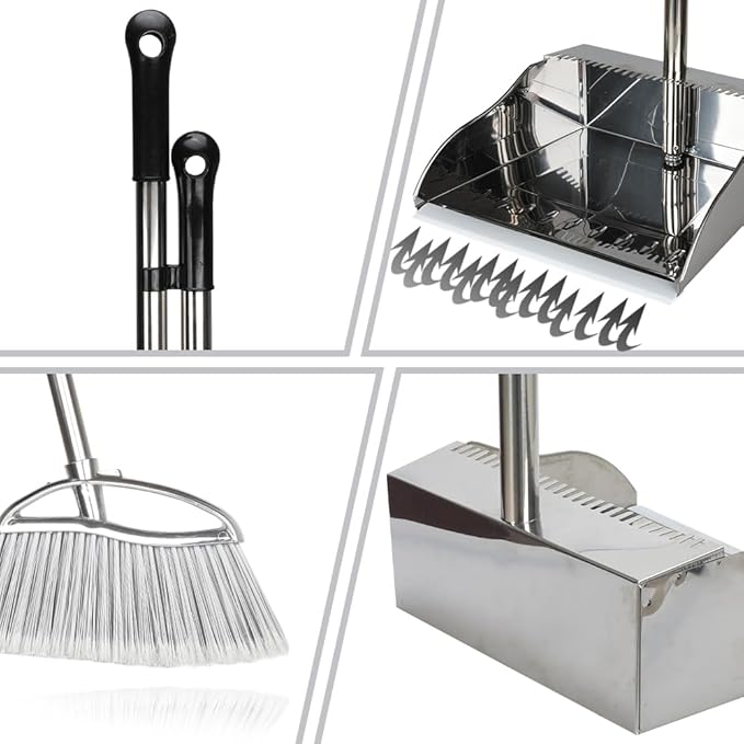 Outdoor Broom and Dustpan Comb Set,Heavy Duty Stainless Steel Metal Dust Pan with Long Handle Commercial Stiff Bristles Broom for Home Garage Garden Patio