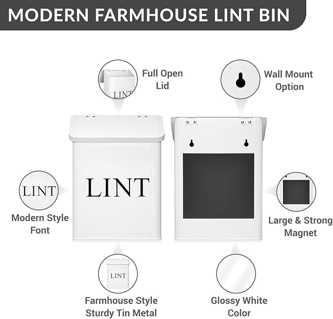 Calindiana Modern Farmhouse Metal Magnetic Lint Bin for Laundry Room Decor and Accessories with Lid and Laundry Room Organization and Storage Wall Mount Space Saving Washer and Dryer Trash Can, White