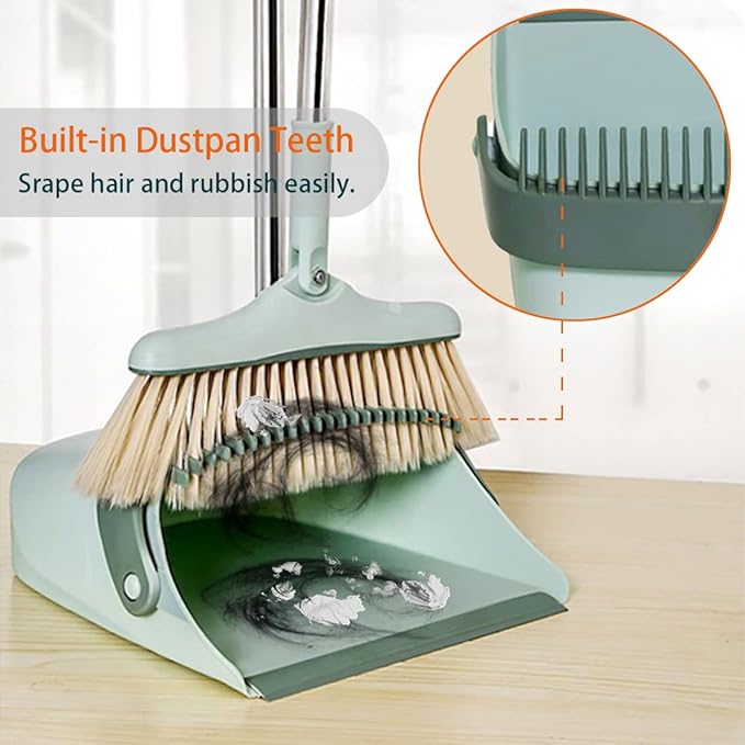 Broom and Dustpan Set for Home, Long Handle Dust Pan and Broom Combo for Indoor Outdoor Heavy Duty Dustpan Set for Kitchen Lobby Office Upright Standing Dustpan with Teeth (Green)