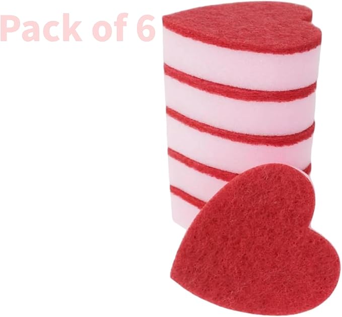 Heart Shaped Sponge, Dual-Sided Kitchen Scrubber for Washing Dishes, Pots, Pans and General Household Cleaning, Pink (6 Pack)