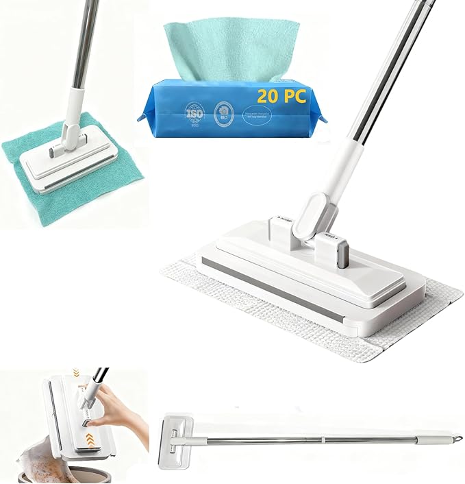 No Wash, Cloth Changing Mini Mop | Automatic Click on Lazy Mops for Kitchen Counter, with Snap-Grip System Multi Surface Floor Cleaning (1 mop + 20 Cloths)