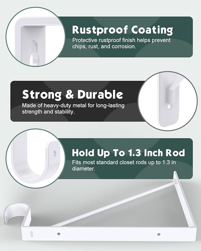 Supforce 6 Pack Closet Rod Bracket, Heavy Duty Closet Rod Support with Rod Holder, Wall Mounted Closet Shelf Brackets with Triangle Stabilizing Design for Closet, Bathroom and Kitchen, White
