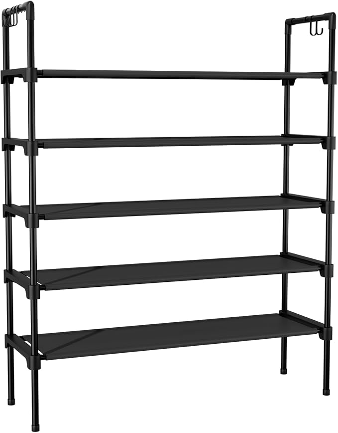 LANTEFUL 5 Tier Shoe Rack for Closet Shoe Organizer with 5 Hooks, Long Shoe Shelf Storage for Shoe and Boot Stackable Free Standing Shoe Rack for Entryway, Garage, Small Spaces, Dorm, Black