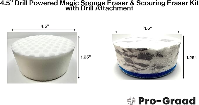 4.5" Drill Powered Magic Sponge Eraser & Scouring Pad 6 Pieces Kit With Drill Attachment | Ultra Durable Pads for Deep Cleaning Bathroom Kitchen Floors Walls Baseboards Crayon Marker & More