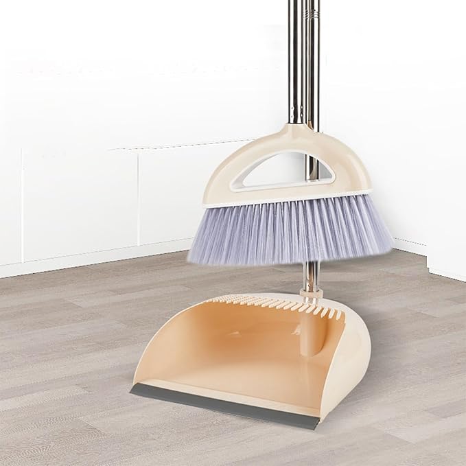 Broom and Dustpan Combo for Office, Broom and Dustpan Set for Home, Long Handle Broom with Upright Standing Dustpan,Indoor&Outdoor Sweeping