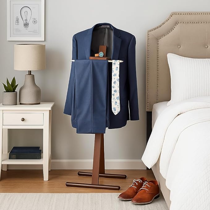 Proman Products Josh Freestanding Wooden Valet Stand Organizer with Tray, Hanger, Trouser Bar, Walnut