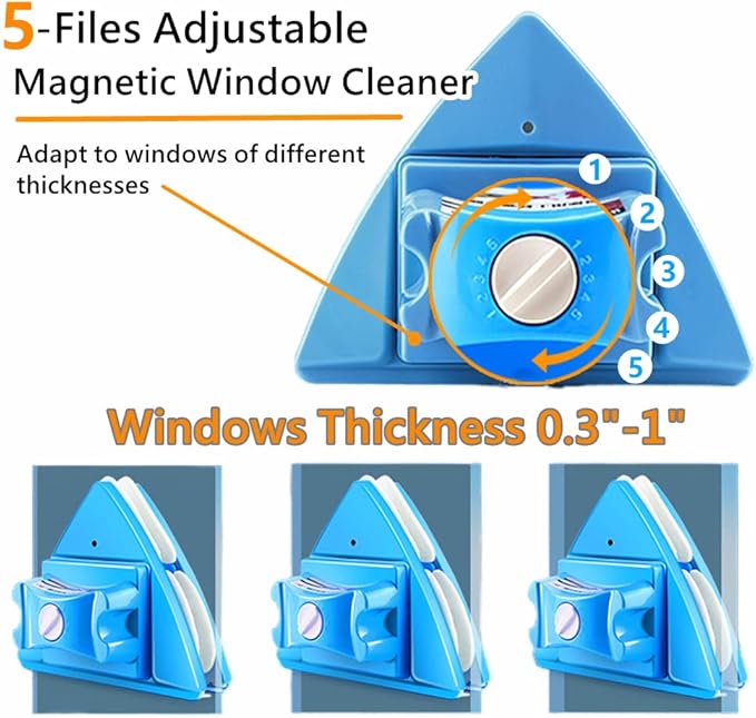 Double-Sided Window Cleaner Glass Wiper Magnetic Cleaning Tools, 5-Gears Adjustable Magnetic Glider Washing Brush Tools, for High-Rise Double Thick Glazed Windows Thickness 0.3"-1" (Blue)