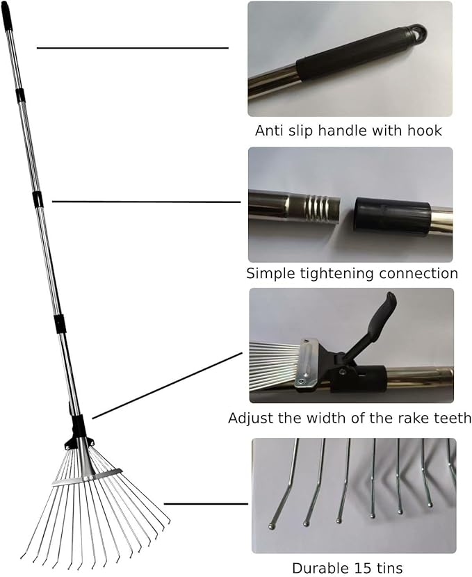 Leaf Rake for Lawns with 53 Gallon Dustpan-Type Leaf Bags,Heavy Duty Metal Garden Yard Rake Long Handle with Expandable Head 7-14" for Gardening Outdoor Camping Shrub Grass Bush Weed