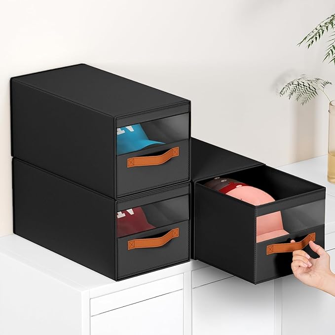 DIMJ Closet Organizers and Storage - Fabric Bins with Drawers for Closet Foldable Clothes Organizers with Clear Window, Stackable Storage Drawers Units for Hat, 4-Pack, Black