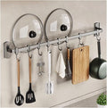 Rail Rack Organizer Self Adhesive Kitchen Utensil Rack Aluminum Wall Mounted Hanging Rail 8 Removable Hooks Pots Pans Spoons Knives,Grey,45cm