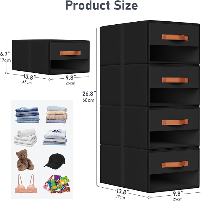 DIMJ Closet Organizers and Storage - Fabric Bins with Drawers for Closet Foldable Clothes Organizers with Clear Window, Stackable Storage Drawers Units for Bedroom, Living Room, Medium 6-Pack, Black