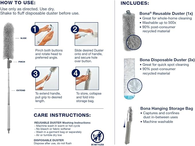 Bona High Performance Dusting System - 1 Extendable Handle, 3 Disposable Dusters, 1 Reusable Duster, & 1 Storage Bag - Extendable Dusting Kit
