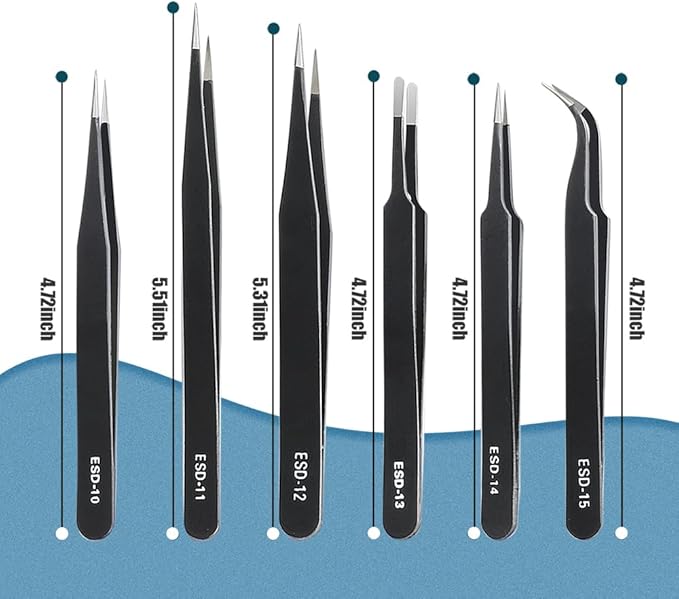 6 Pcs Precision Tweezers Set, Premium Anti-Static Stainless Steel Tweezer, ESD Curved of Tweezers for Electronics, Craft, Laboratory Work, Jewelry-Making, etc