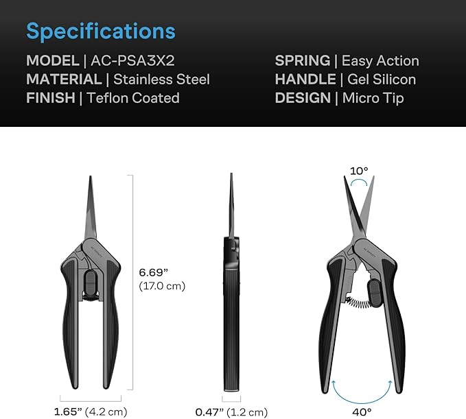 AC Infinity 6.6” Stainless Steel Pruning Shear 2-Pack, Lightweight Ergonomic Design, Straight Precision Blades with Nonstick Teflon Coating for Gardening, Hydroponics, Grow Tents