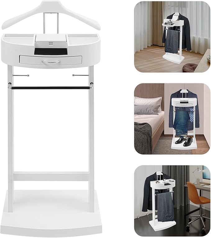 Valet Stand with Drawer and Top Tray, Wood Mens Suit Valet Stand with Wood Base, Freestanding Clothes Valet Stand with Hanger, Storage Organizer for Entryway Office Living Room (B, White)
