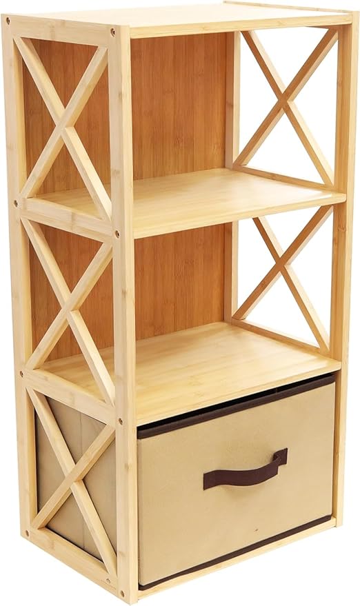 RoyalHouse 3-Tier Bamboo Storage Shelf with X-Design, Beige Fabric Drawer (3 Tier (11.42" D x 16.34" W x 31.5" H))