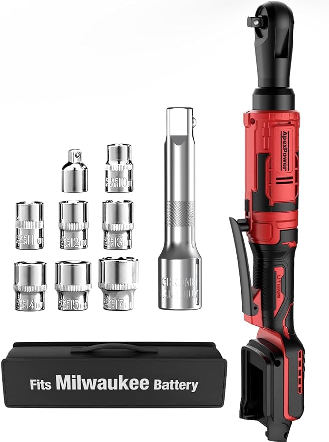 1/2 Inch Cordless Ratchet Wrench, for Milwaukee M18 Battery, 88Ft-Lbs, 0-400RPM, Electric Ratchet Wrench Set with Variable Speed Trigger, Reinforced Head, R&F Switch, 7 Sockets, 3/8" to 1/4" Adapter