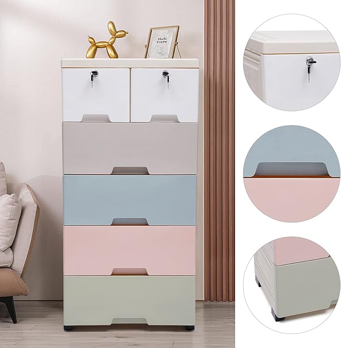 5 Layers Bookshelf, Multi-Layer Assembled Baby Wardrobe Storage Cabinet, Cube Organizer Bookcase Cabinet Storage Shelf Rack with 6 Drawers & 5 Wheels, White, Gray, Blue, Pink, Green