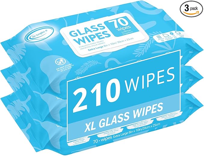 Air Jungles Glass and Window Cleaner Wipes 70 Count (Pack of 3), Extra Large 8" x 10" Size Cleaning Wipes for Car Windshield, Headlight, Mirror, Tile and Home Glass Surface