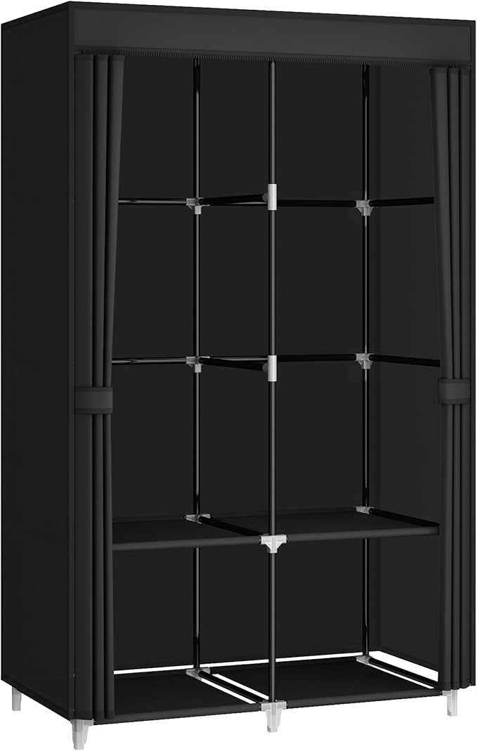 MOGELAFOO Portable Closet Wardrobe for Small Room, 35-Inch Clothing Organizer Storage Rack with 2 Clothes Hanging Rods and 4 Shelves, Non-Woven Fabric Cover, Black