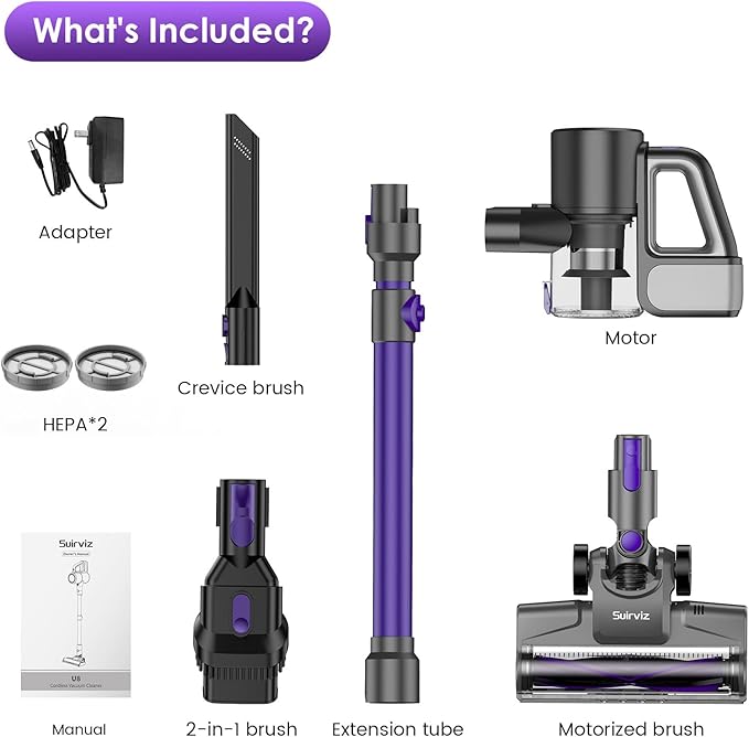 Suirviz Cordless Vacuum Cleaner, 40KPA/500W/35Mins, Green LED Light, Lightweight Stick Vacuum Self-Standing, Vacuum Cleaners for Home Handheld Vacuum for Pet Hair, Carpet, and Hard Floors, U8