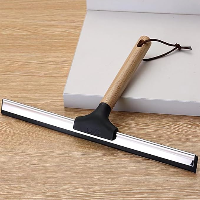 10 Inch Shower Squeegee with Wooden Handle Silicone Blade Glass Wiper for Bathroom Doors Mirrors Windows Household Cleaning Tool Water Scraper for Soap Scum Removal Home Decor