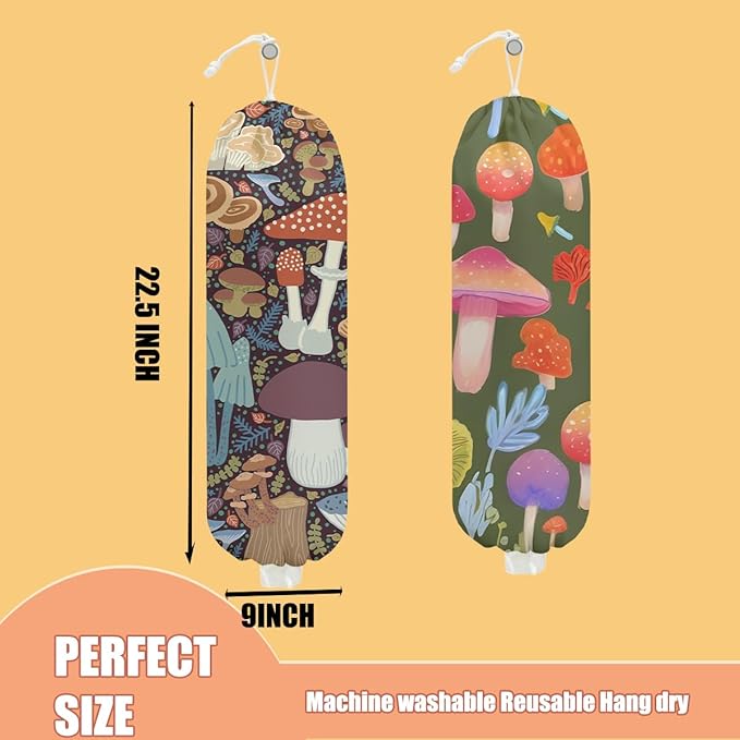 2 Pcs Mushroom Plastic Bag Holder, Wall Mount Grocery Bag Holder for Plastic Storage bag, Large Reusable Grocery Bags Storage Dispenser for Home Kitchen, Cute Mushroom Gifts for Women Wife Grandma
