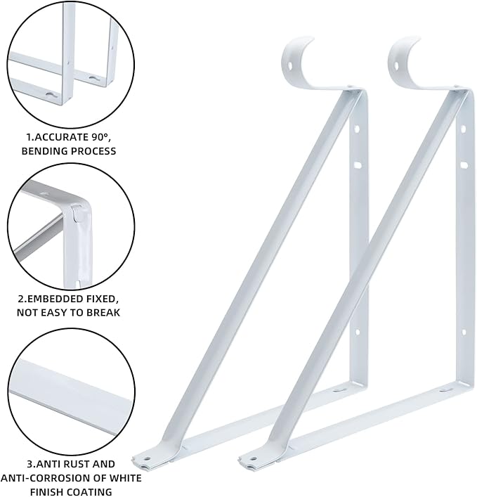 HOME MASTER HARDWARE Heavy Duty Closet Shelf Rod Brackets Supports 250lbs, Wall Mounted Closet Shelves Bracket with Rod Shelving Support, White with Screws 10-Pack