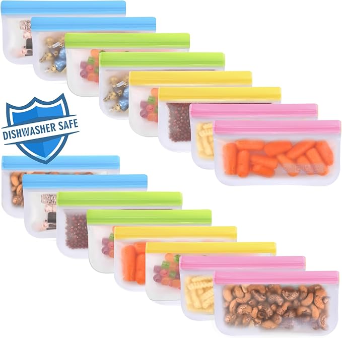 Lerine 16 Pack Reusable Snack Bags Dishwasher Safe, BPA Free Food Storage Bags, Extra Thick Leakproof Reusable Freezer Bags Snack Pouch for Candy, Fruits, Cereal (Multicolor, 16Snack)