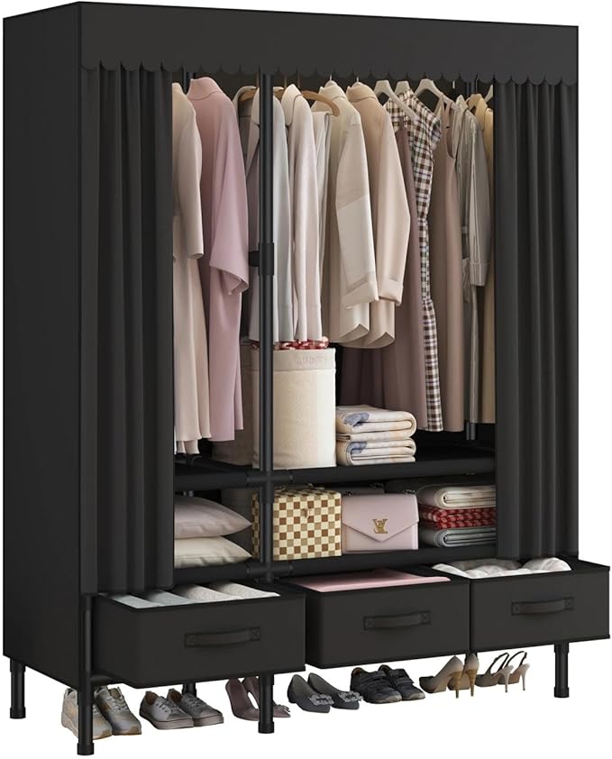 Portable Closet,Garment Rack,Heavy Duty Clothes Rack with Cover,Wardrobe Closet with 1 Hanging Rods, 2 Storage Shelves and 3 Drawers,43.3" L x 17.7" W x 67.7" H,Black