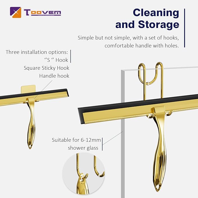 TOOVEM 12 Inch Shower Squeegee for Glass Doors, Window, Bathroom, Car Windshield, Shower Cleaning Tools with S Hook, Square Sticky Hook（Gold）