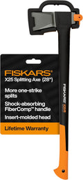 Fiskars X25 Splitting Axe, 28" Wood Splitting Axe for Medium to Large Size Logs with Shock Absorbing Handle and Sheath, Split Firewood, Forged Steel Blade, Bushcraft Gear and Camping Hatchet