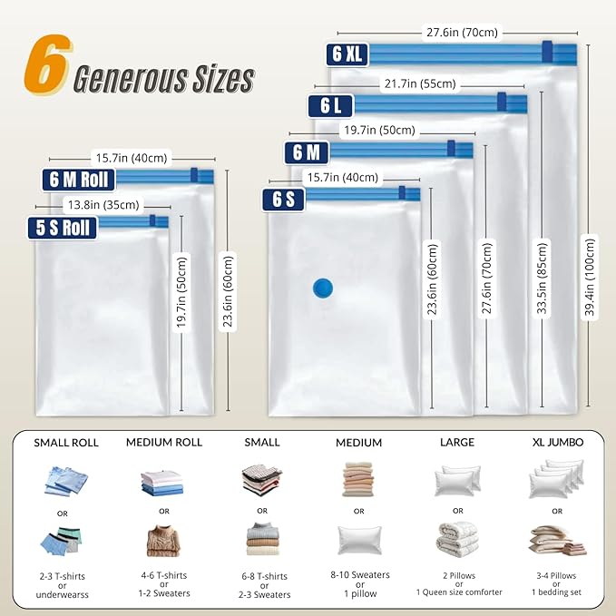 35 Pack Vacuum Storage Bags with Hand Pump, Compression Space Saver for Comforter, Bedding, Blanket Storage, Vacuum Seal Bags for Clothing, Travel Luggage Suitcase and Closet Organizer