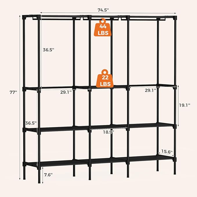OLIXIS Portable Wardrobe Closet with Hanging Rods, 74.5 Inch Wide Portable Clothing Rack with Shelves, Heavy Duty Clothes Rack, Freestanding Closet Organizer