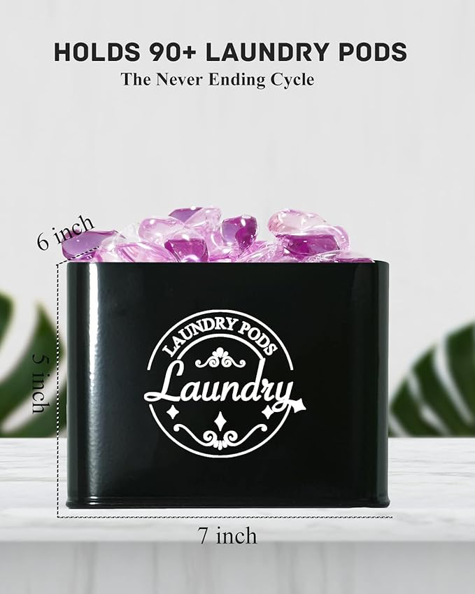 Laundry Pods Holder with Hinged Lid, Farmhouse Space-Saving Metal Container for Laundry Room Decor Organization and Storage, Detergent Dispenser for Efficient Laundry Room Use-Black