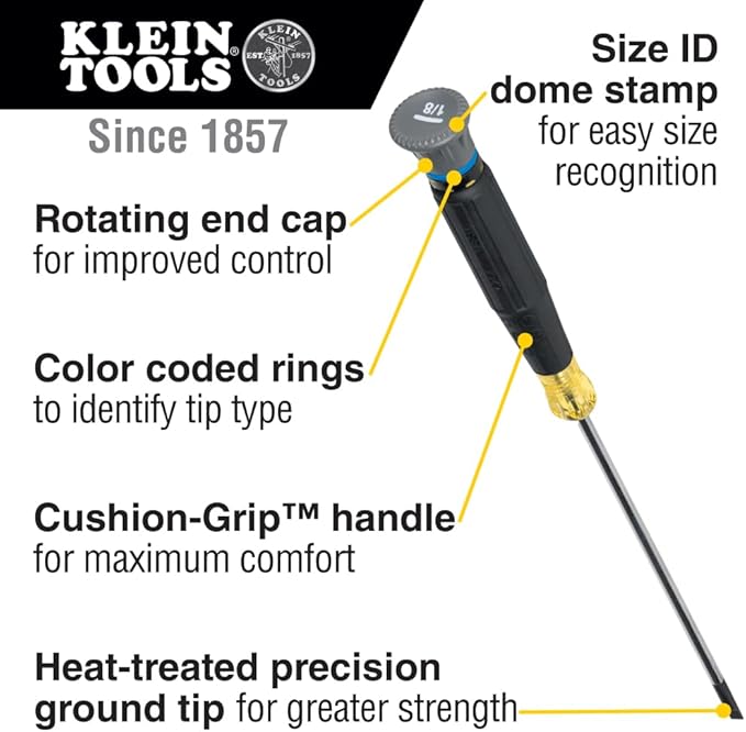 Klein Tools 6233 Mini Precision Screwdriver, #0 Phillips, Features Cushion-Grip Handle, Rotating Cap and Color Coded Ring, 3-Inch Shank